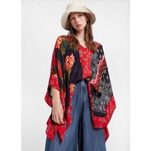 Desigual Patchwork Poncho Blouse Small Viscose Boho Indie